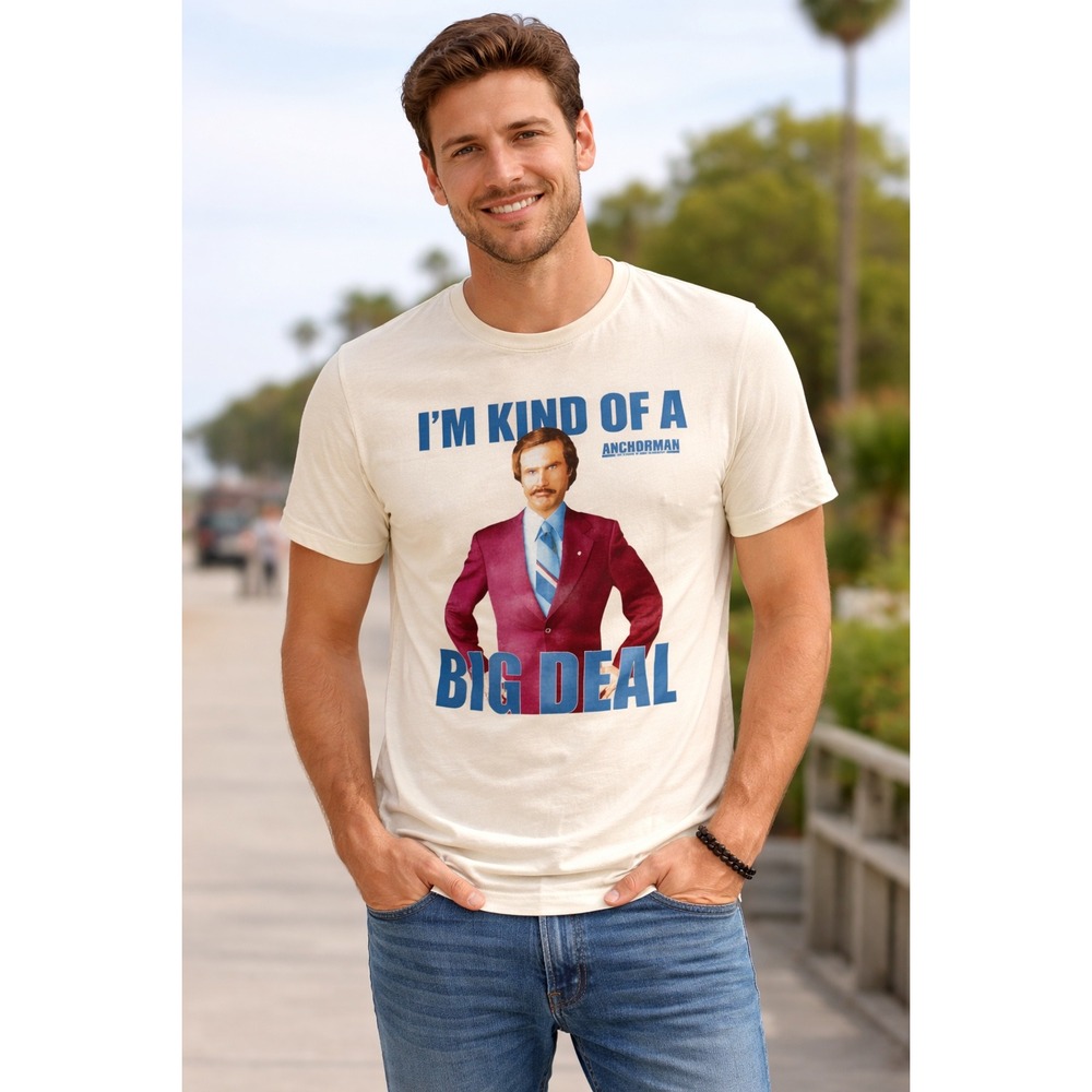 Lucky Brand Mens Anchorman Ron Burgundy Big Deal Graphic Tee Cream‎ 7M85228 L